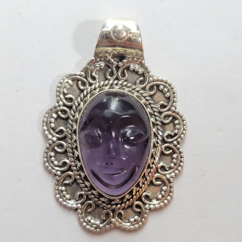 Goddess Pendant Carved Purple Stone Face Sterling Silver
